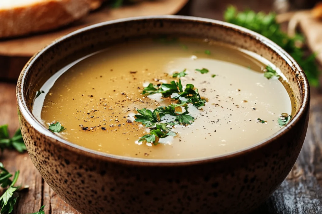 Bowl of Soup Bone Broth with Crusty Bread 1