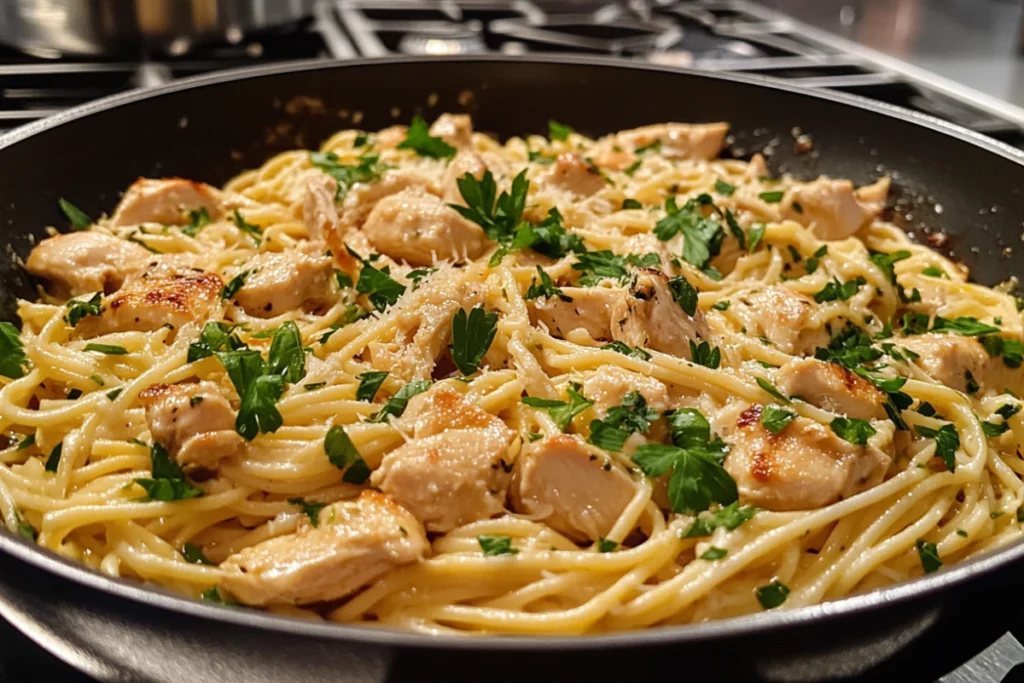 Creamy garlic parmesan chicken pasta in a bowl.