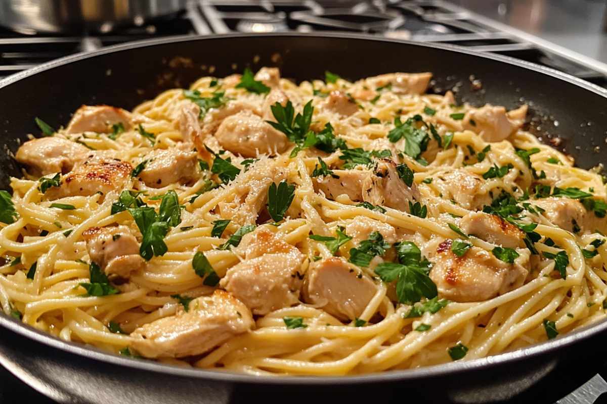 Creamy garlic parmesan chicken pasta in a bowl.