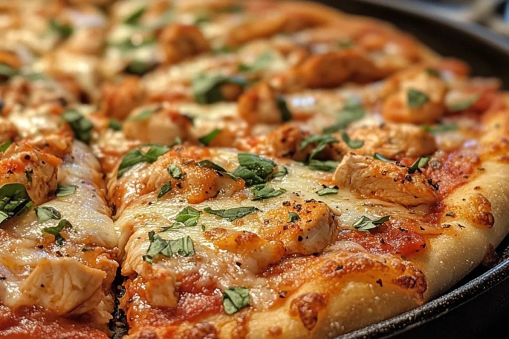 Close-up view of a crisp chicken pizza crust, why is my chicken pizza crust soggy? solved.