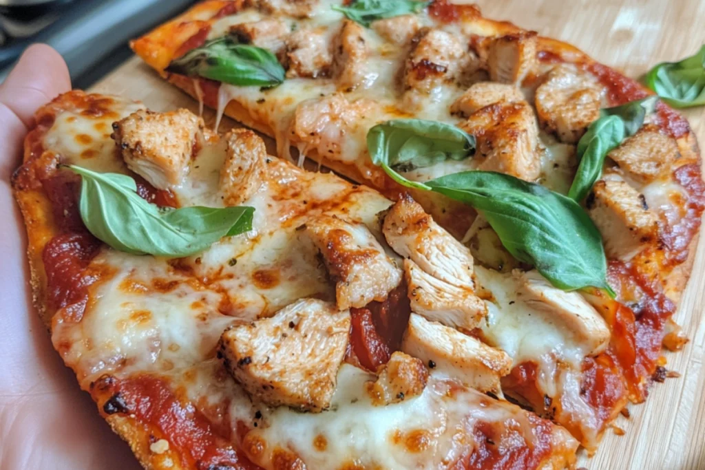 Crisp canned chicken pizza crust topped with basil