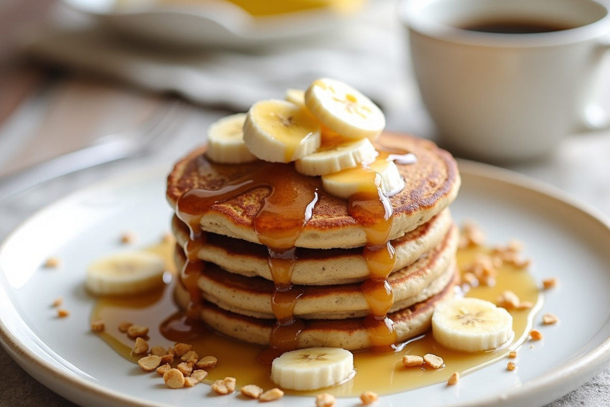 A stack of banana protein pancakes with banana slices and syrup