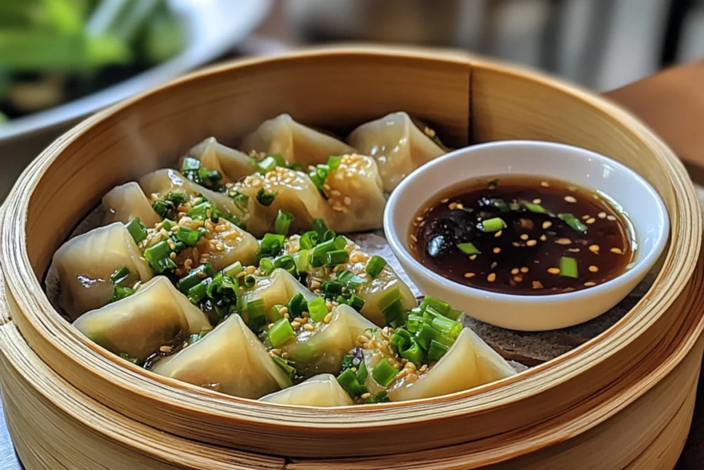 Freshly steamed vegetarian soup dumplings in a bamboo steamer.