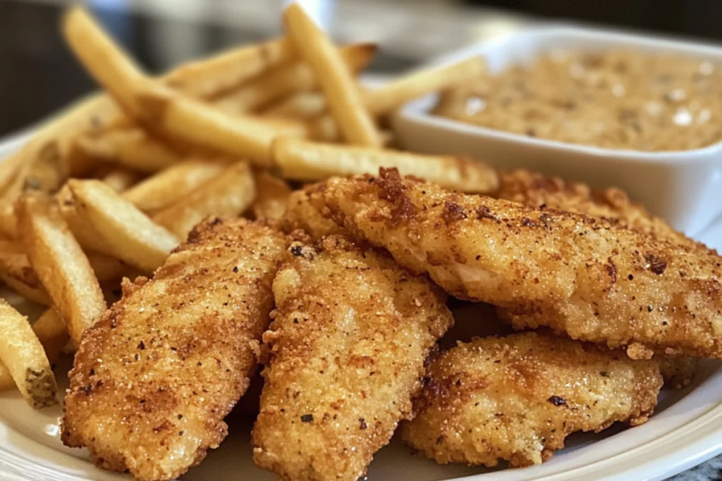 How many calories are in a plate of chicken tenders and fries?