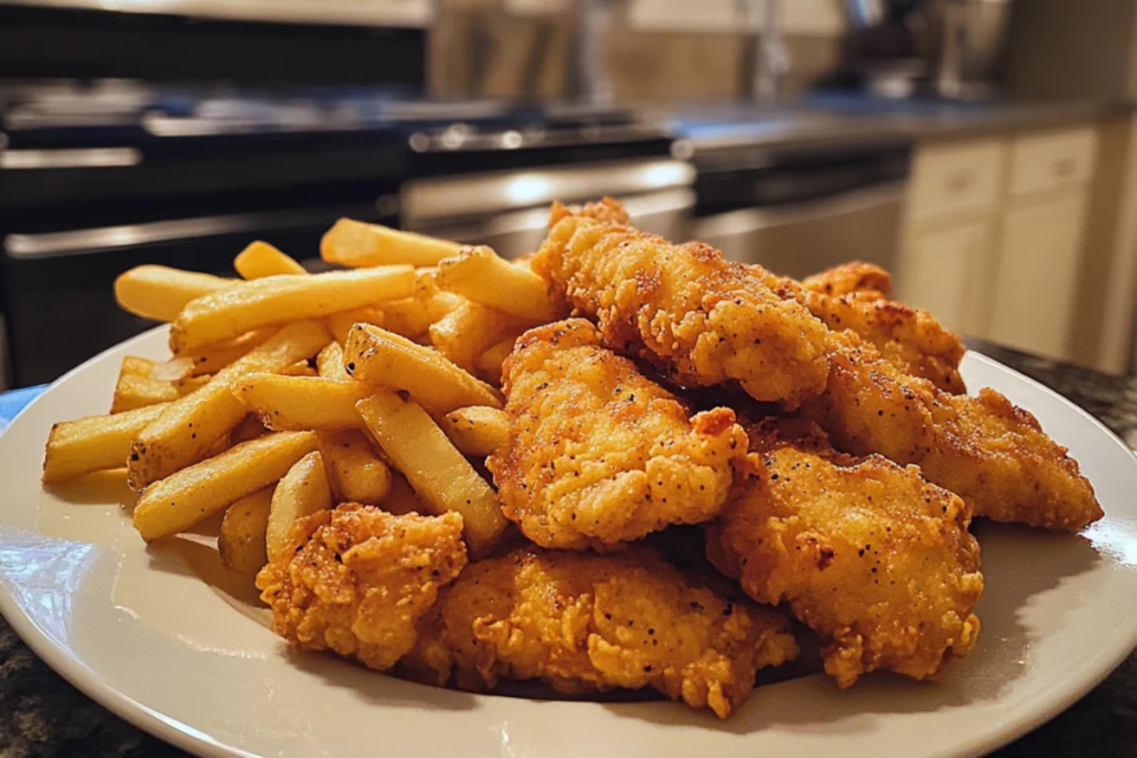 A plate of chicken tenders and fries served with fresh greens