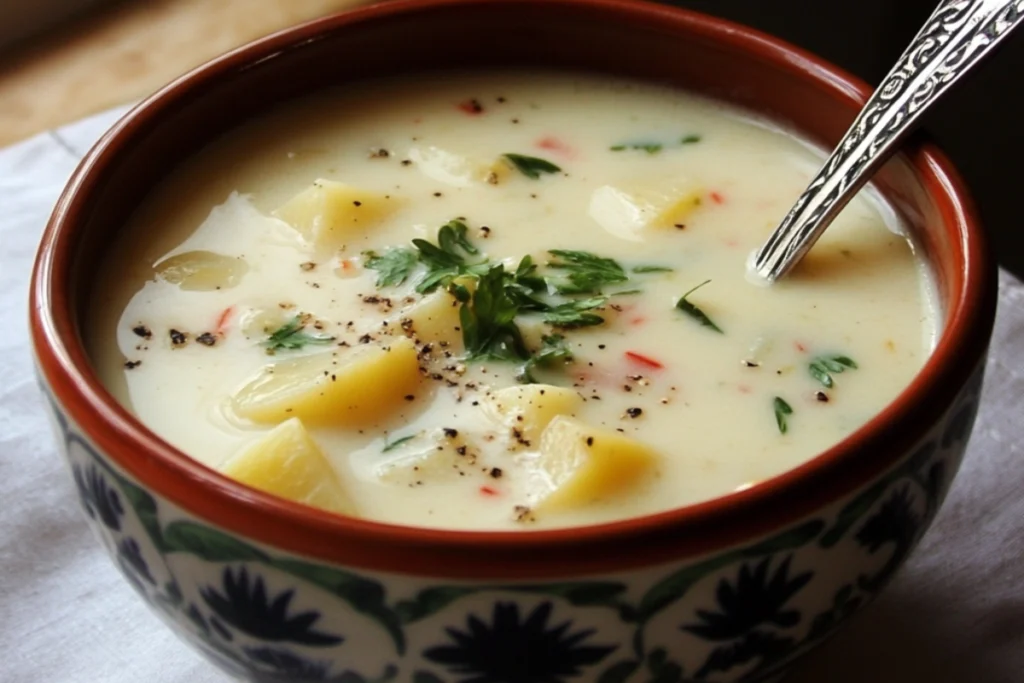 Creamy bowl of potato soup with ingredients