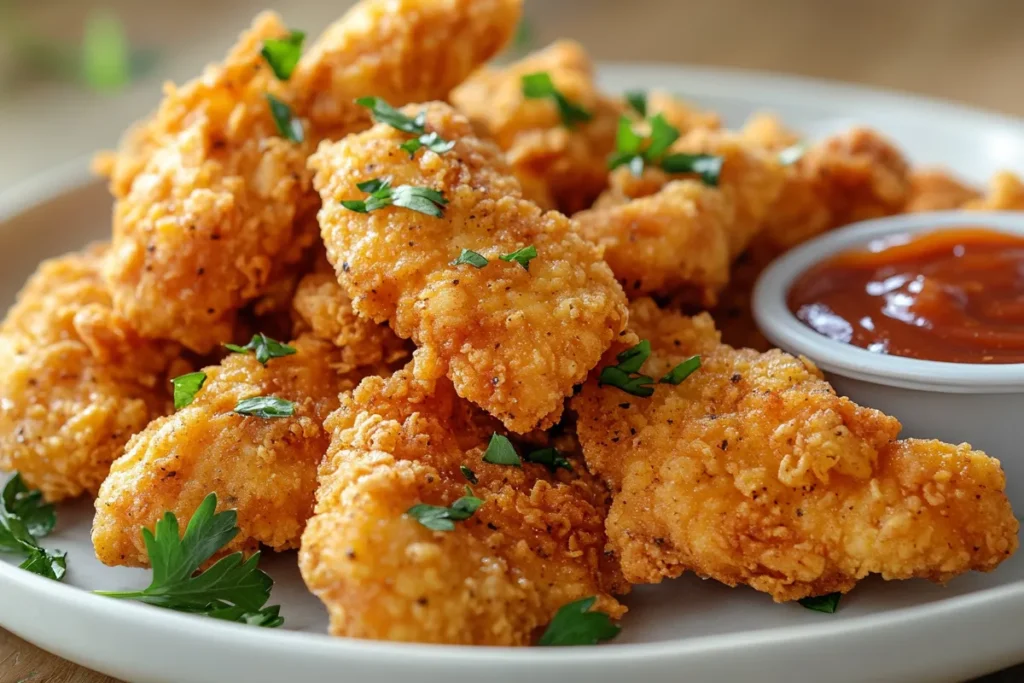 How many calories are in one chicken tender? Plate of crispy chicken tenders with dipping sauce