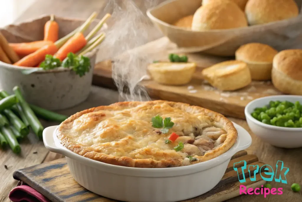 Freshly baked chicken pot pie with crescent rolls on a rustic table