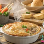 Freshly baked chicken pot pie with crescent rolls on a rustic table