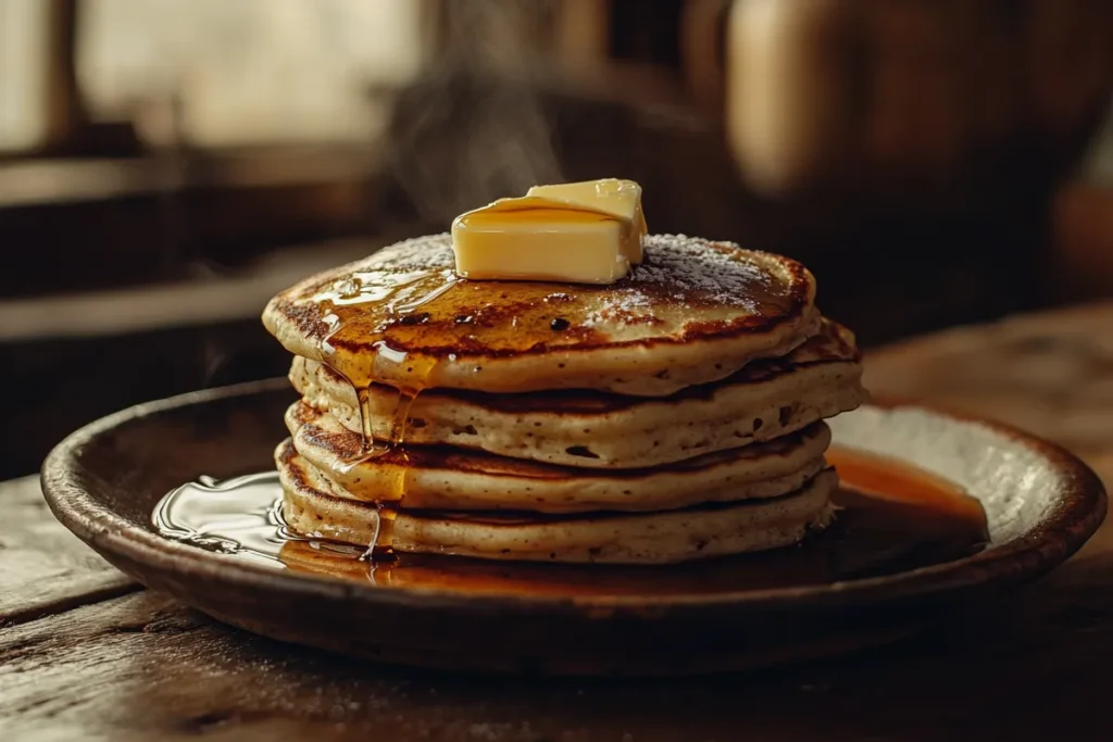 Do we need two eggs to make pancake? A stack of golden fluffy pancakes topped with butter and maple syrup on a rustic table