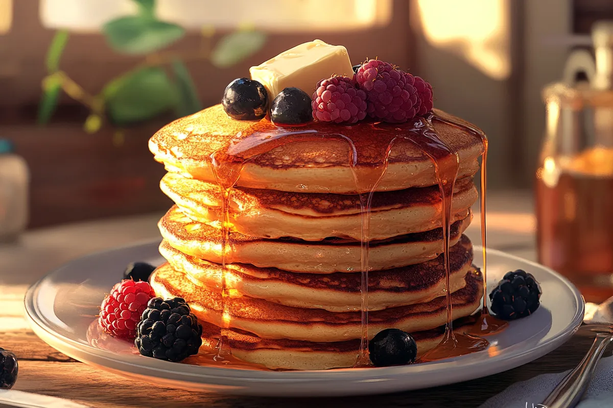 Are eggs important in pancakes? Stack of golden pancakes with syrup, butter, and berries in rustic kitchen light.