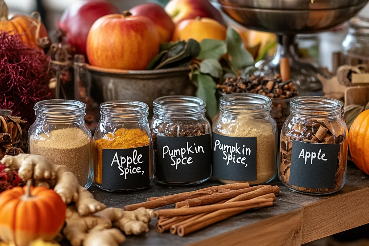 Pumpkin spice vs apple pie spice jars on a rustic autumn counter