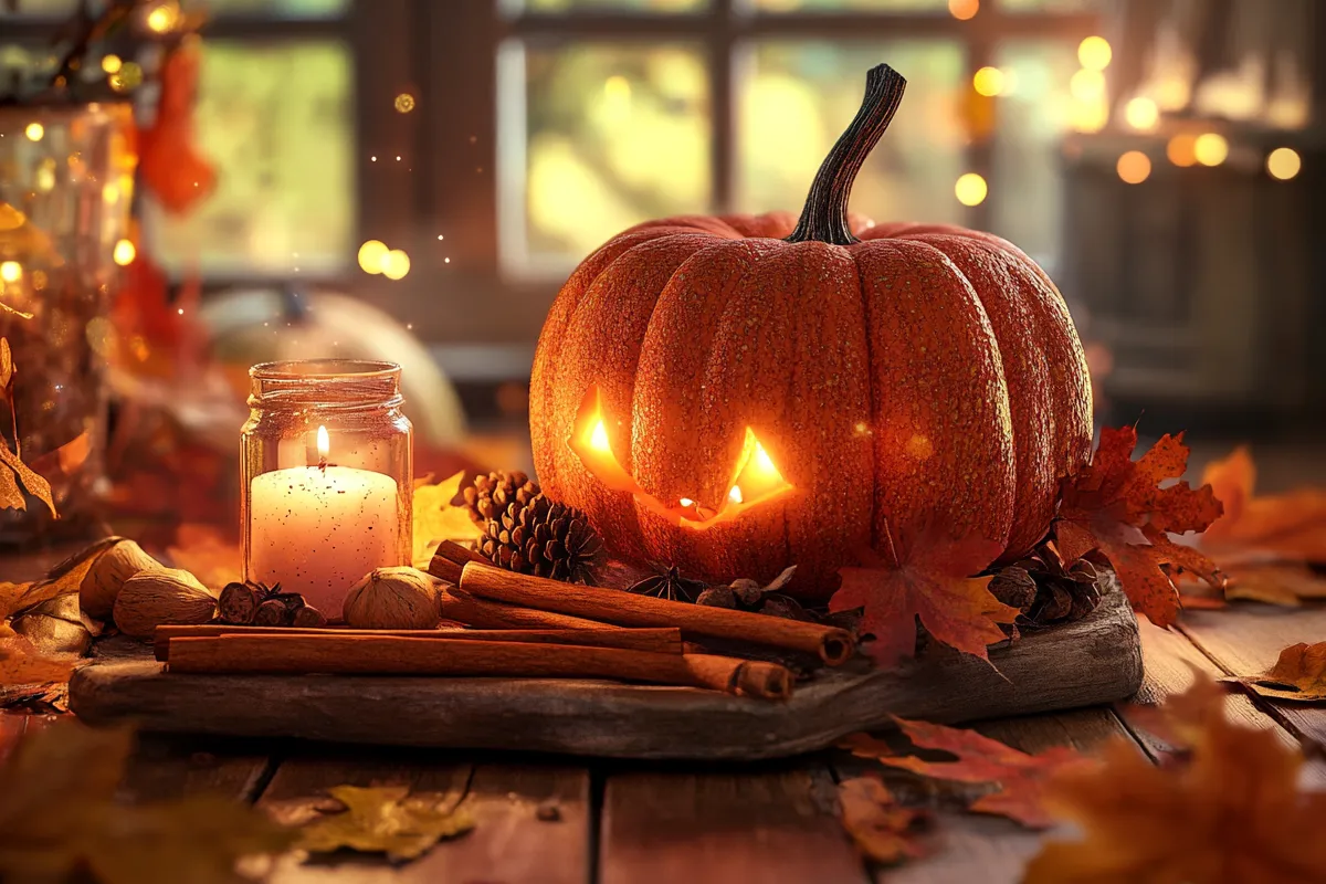 Cozy autumn setup with a pumpkin and cinnamon centerpiece