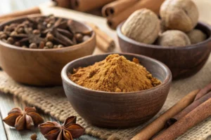 Ingredients to replace no pumpkin pie spice, including cinnamon, nutmeg, and ginger.