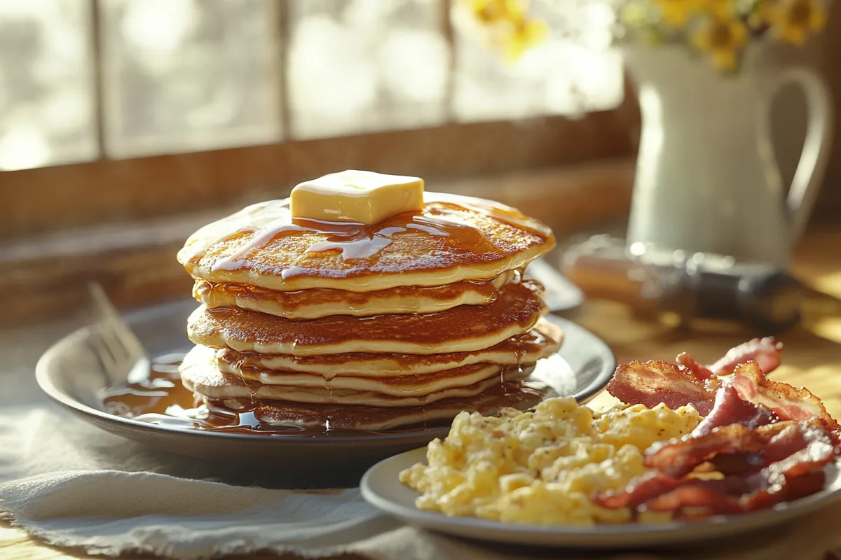 A delicious breakfast pancakes and eggs, and bacon