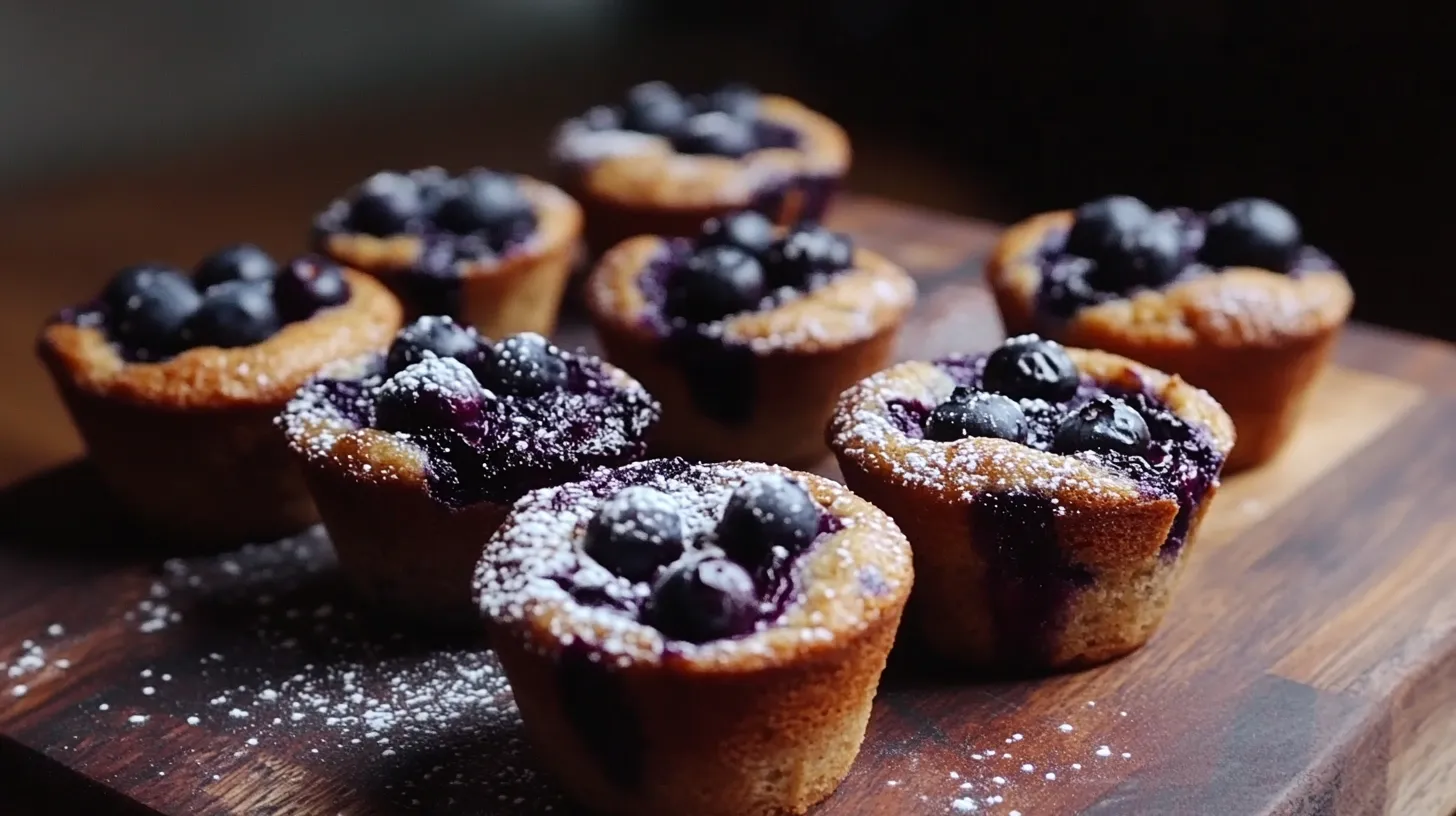 Freshly baked blueberry protein muffins on a wooden board