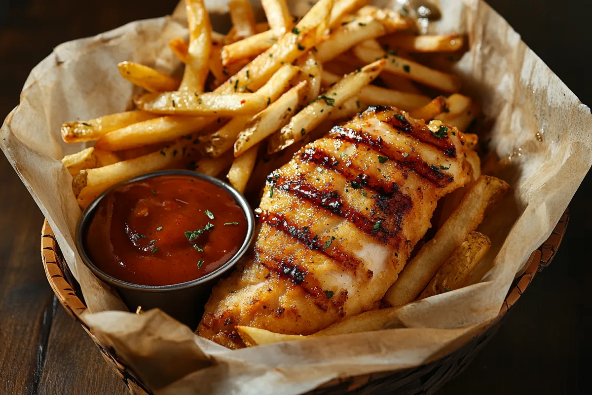 How many calories are in a chicken tender basket with fries? crispy and golden, served in a rustic basket.