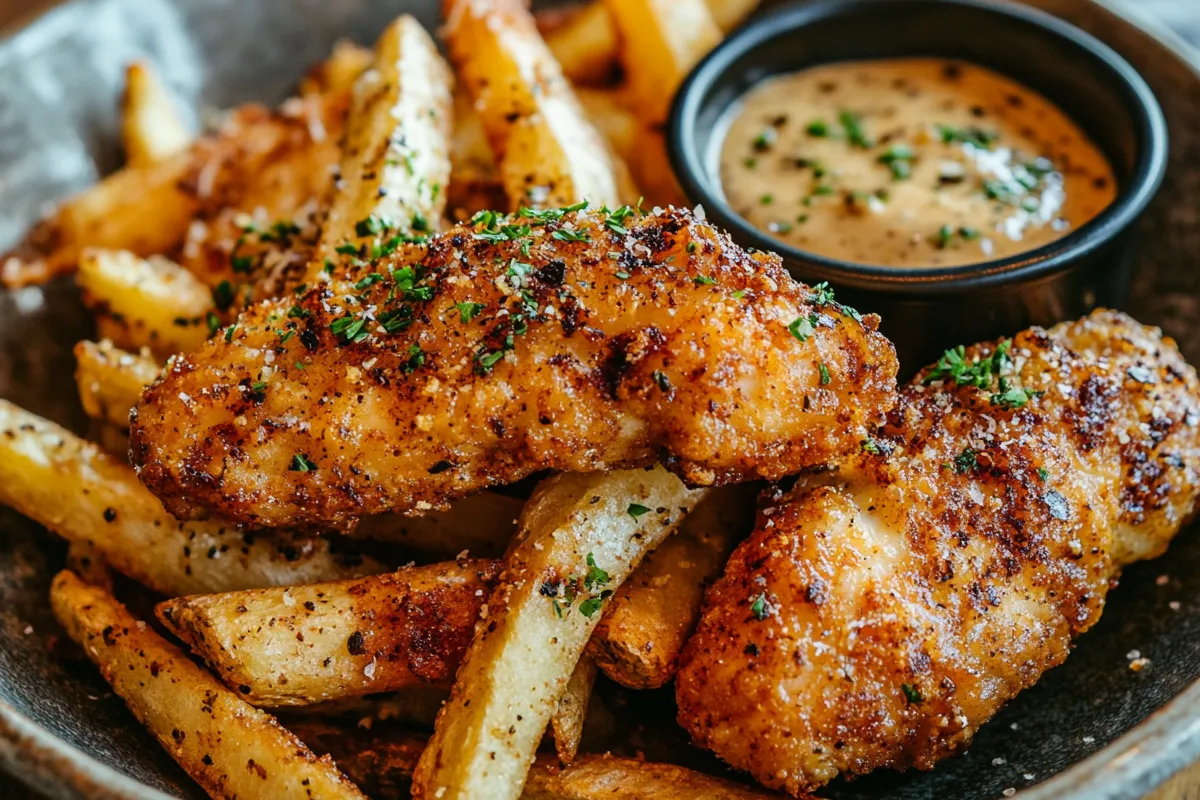 Are chicken tenders and fries healthy? Crispy chicken tenders with golden fries on a plate