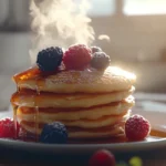 Golden-brown microwave pancakes topped with syrup and berries