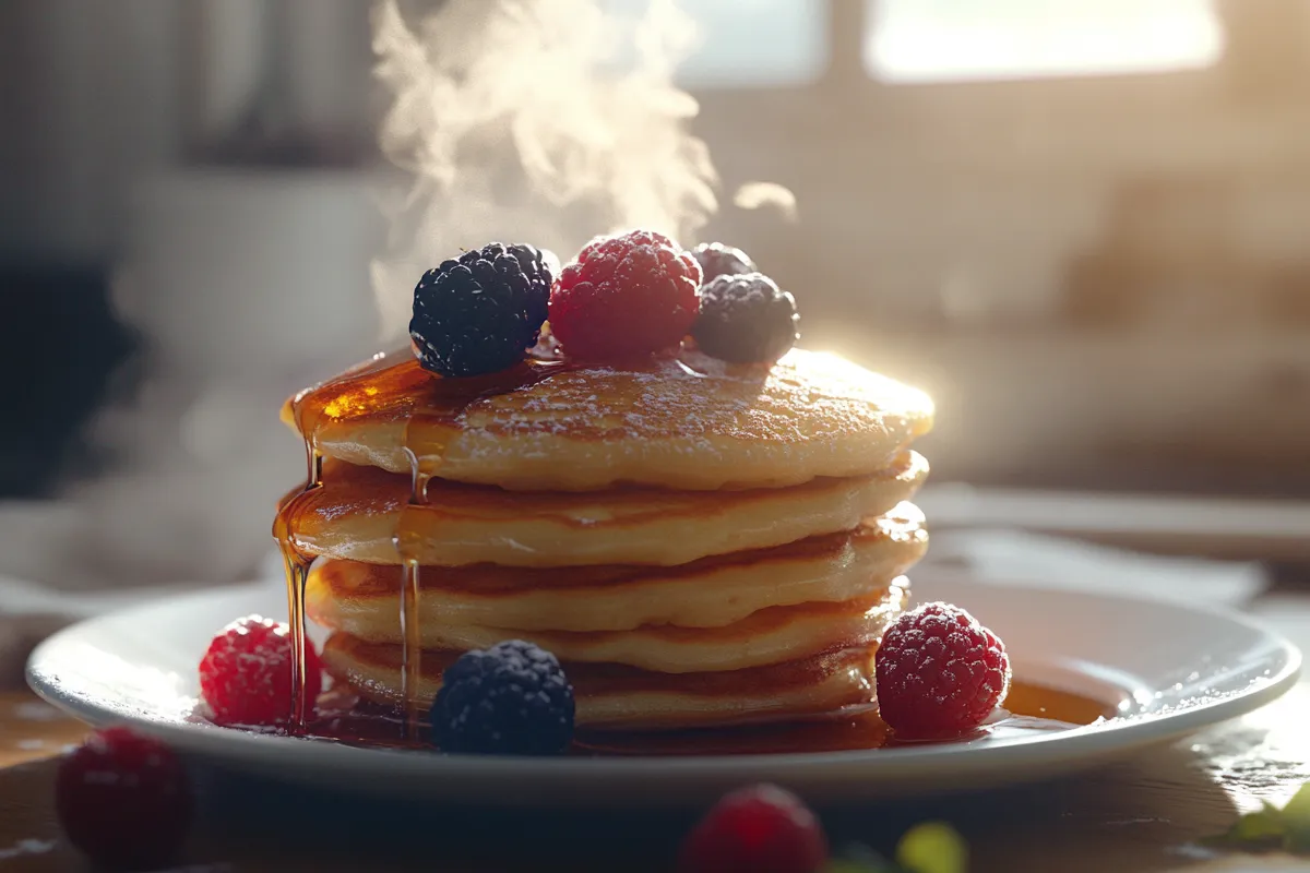 Golden-brown microwave pancakes topped with syrup and berries