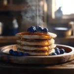 Stack of fluffy oatmeal flour pancakes with syrup and blueberries