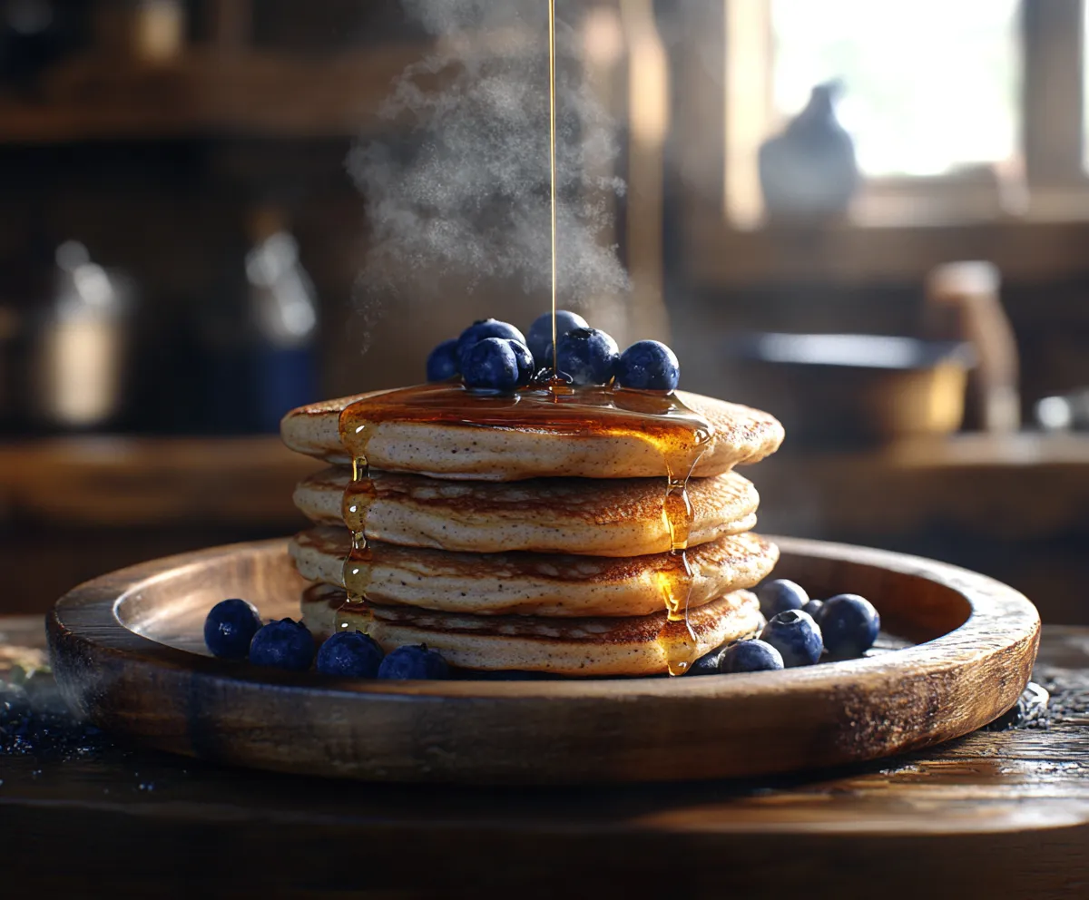 Stack of fluffy oatmeal flour pancakes with syrup and blueberries