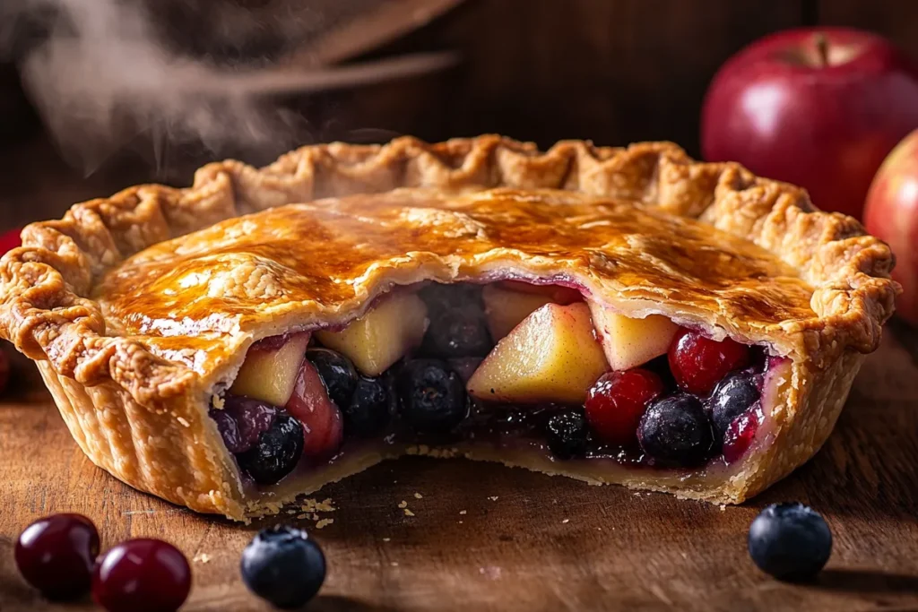 Should you cook fruit before putting in pie? Freshly baked fruit pie with golden crust and juicy filling