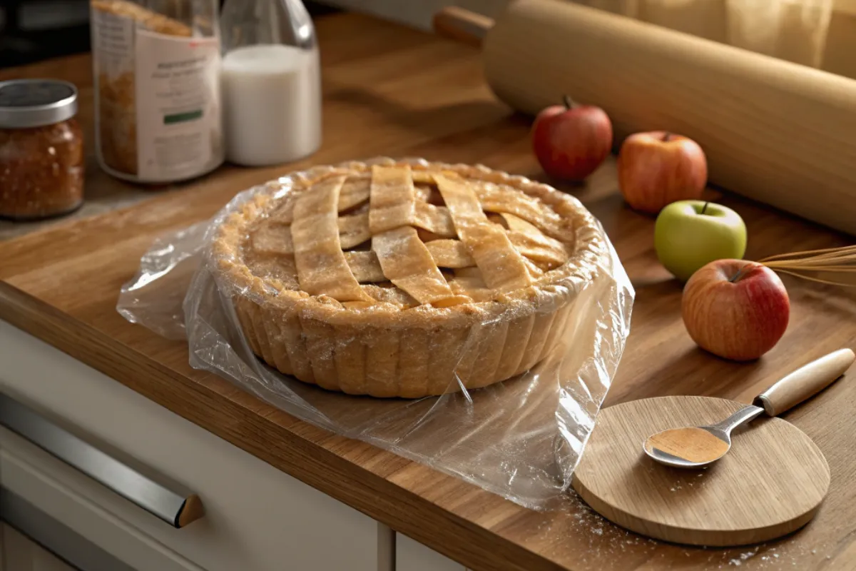 How do you store uncooked pies? Uncooked apple pie wrapped in plastic on a wooden counter