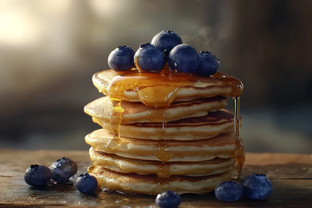 tack of fluffy low calorie pancakes with blueberries and honey