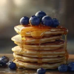 tack of fluffy low calorie pancakes with blueberries and honey