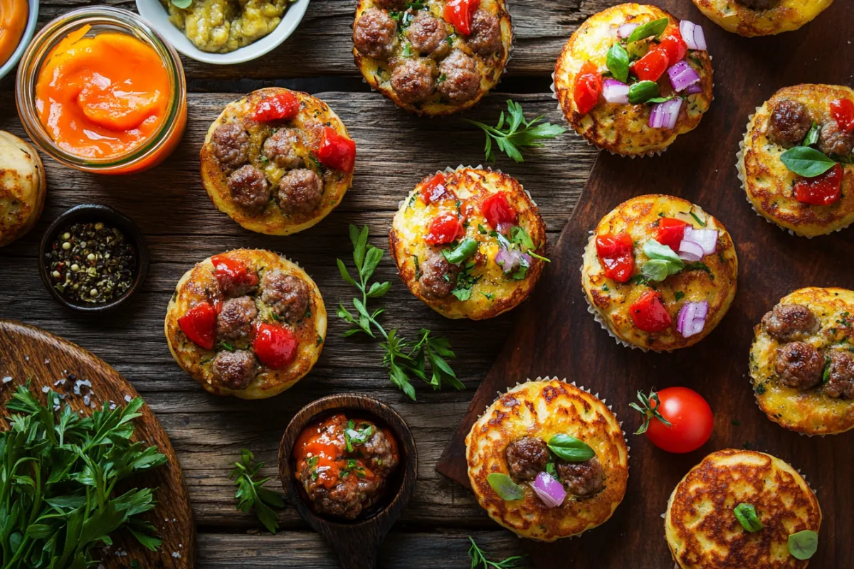 Delicious sausage pancake muffins with assorted toppings