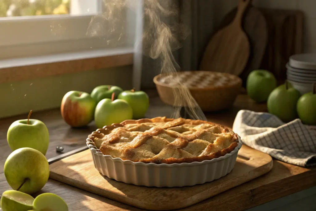 How do you keep apples from getting mushy in a pie? Perfectly baked apple pie with steam rising and fresh apples