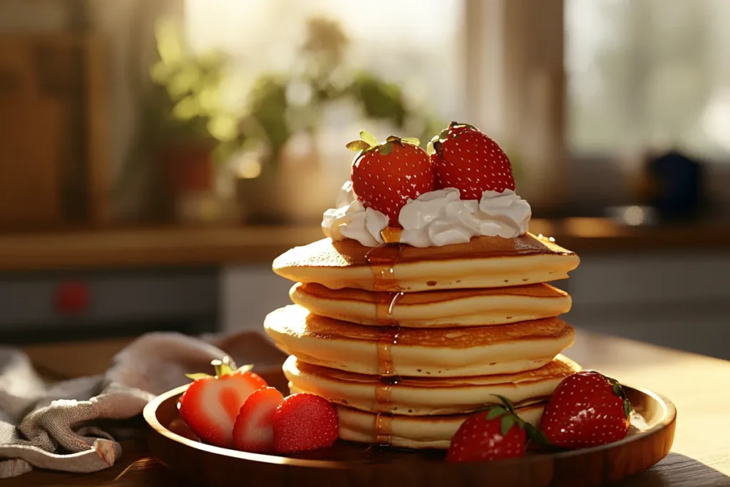 A tall stack of sweet cream pancakes topped with syrup and berries